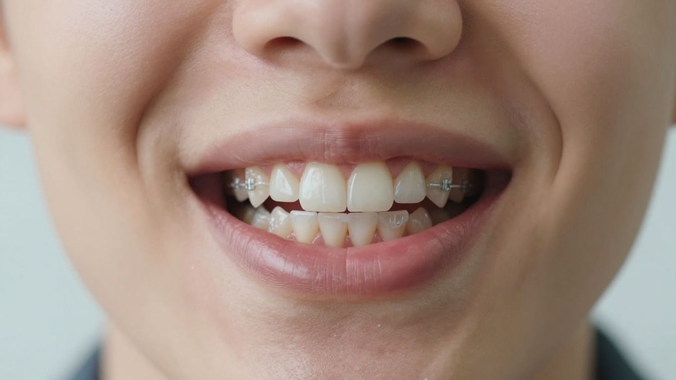 Close-up of smile with Invisalign aligners on teeth.