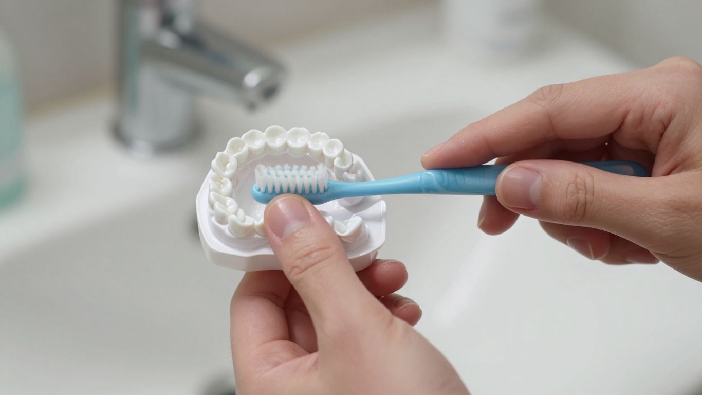 Person cleaning dentures with a toothbrush.