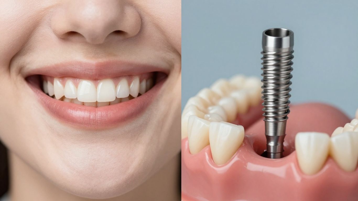 Dental implants and dentures comparison image.
