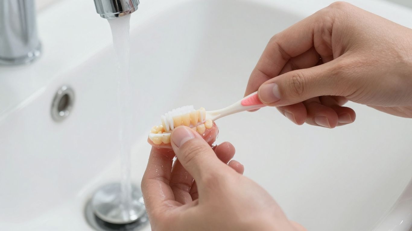Hands cleaning dentures with a toothbrush.