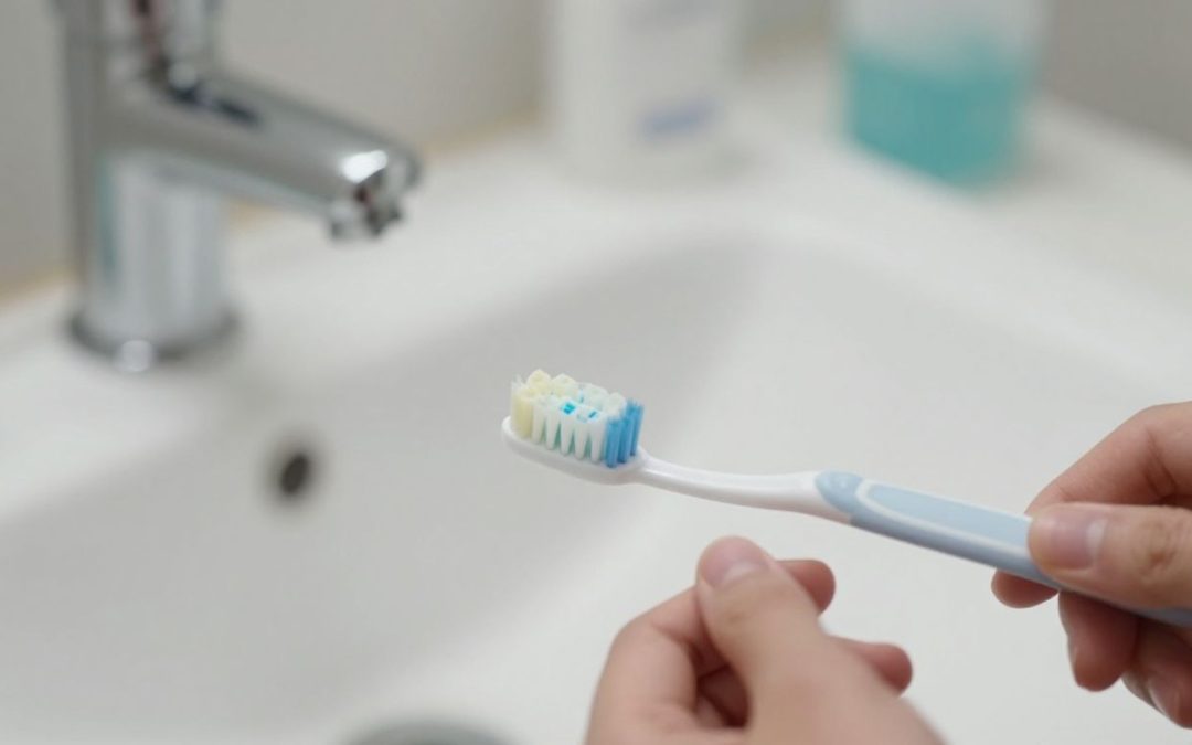 Person cleaning dentures with a toothbrush.