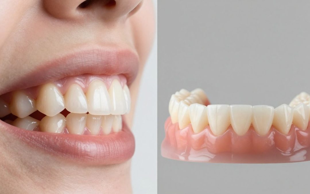 Dental implants and dentures comparison image.
