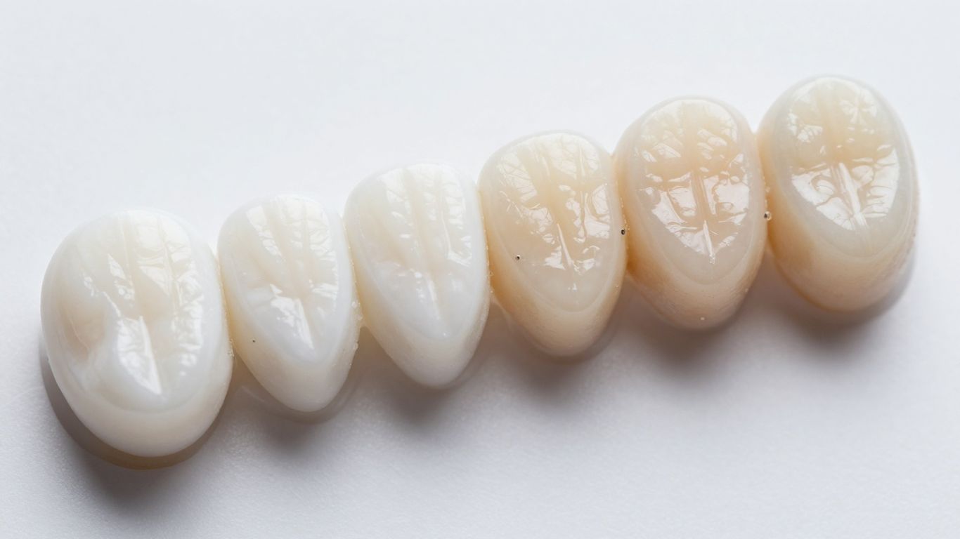 A close up view of porcelain dental veneers