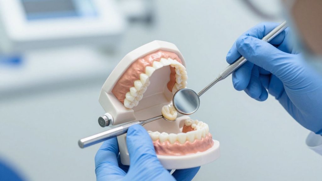 Dental model showing a missing tooth being examined with a dental mirror and instrument, illustrating dental bridges for missing teeth